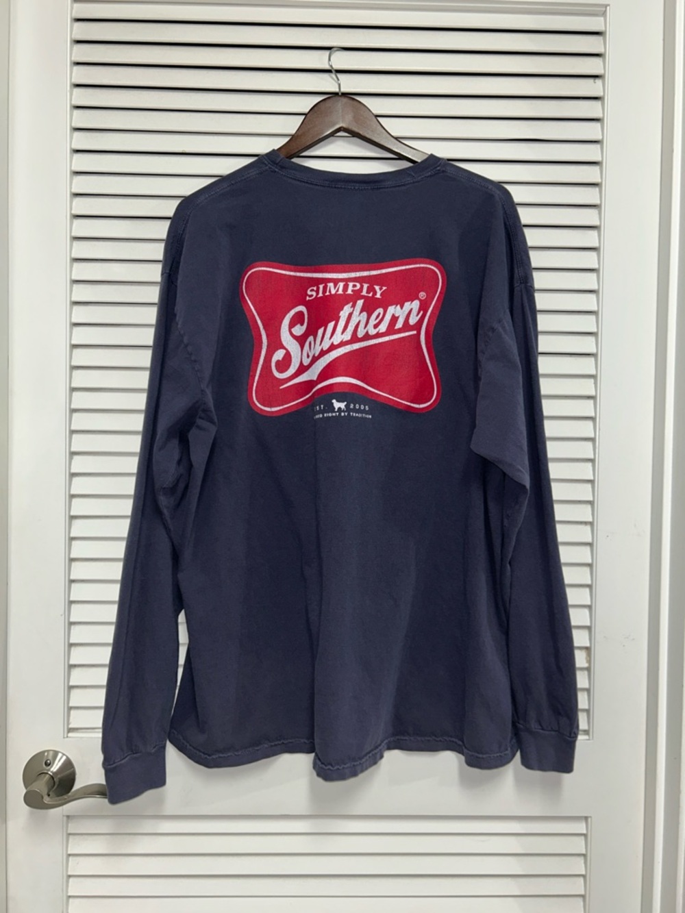 Simply Southern Navy Long Sleeve Tee with Red Crest Graphic